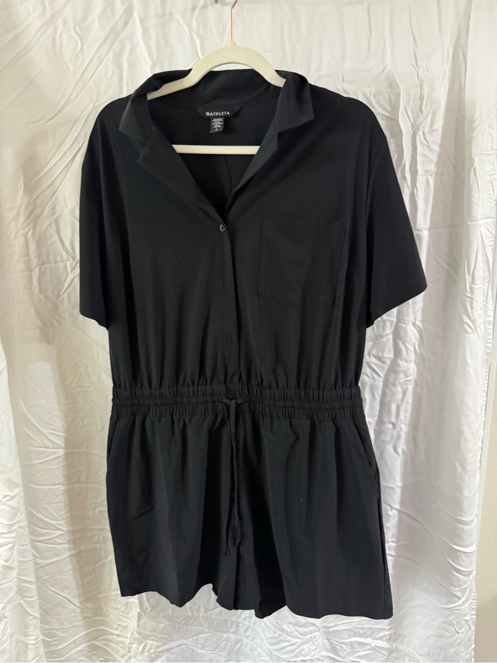 Athleta Black Short-Sleeve Drawstring Romper